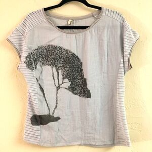 Le Beduos Embroidered Short Sleeve Blouse Large Blue Gray